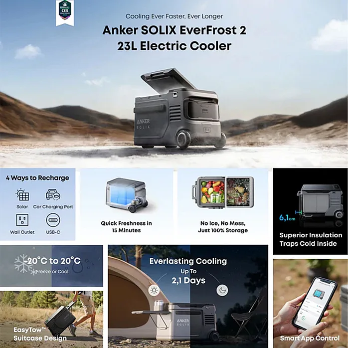 Anker Solix EverFrost 2 23L Electric Powered Cooler Portable Refrigerator 288Wh - A17A32A1