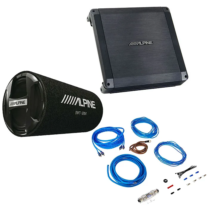 Alpine BBX Power Class A/B 2 Channel Car Amplifier With Alpine 12“ (30cm) Bass Reflex Subwoofer Tube and Wiring Kit