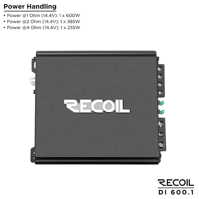 Recoil DI600.1 Class D Monoblock Subwoofer Amplifier 1200W With Remote Bass Knob