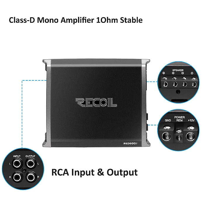 Recoil RED600.1 Class D Monoblock Subwoofer Amplifier 1320W With Remote Bass Knob