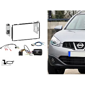 Nissan Qashqai Black Double Din Car Stereo Fitting Kit Fascia, Steering Control with DAB Aerial