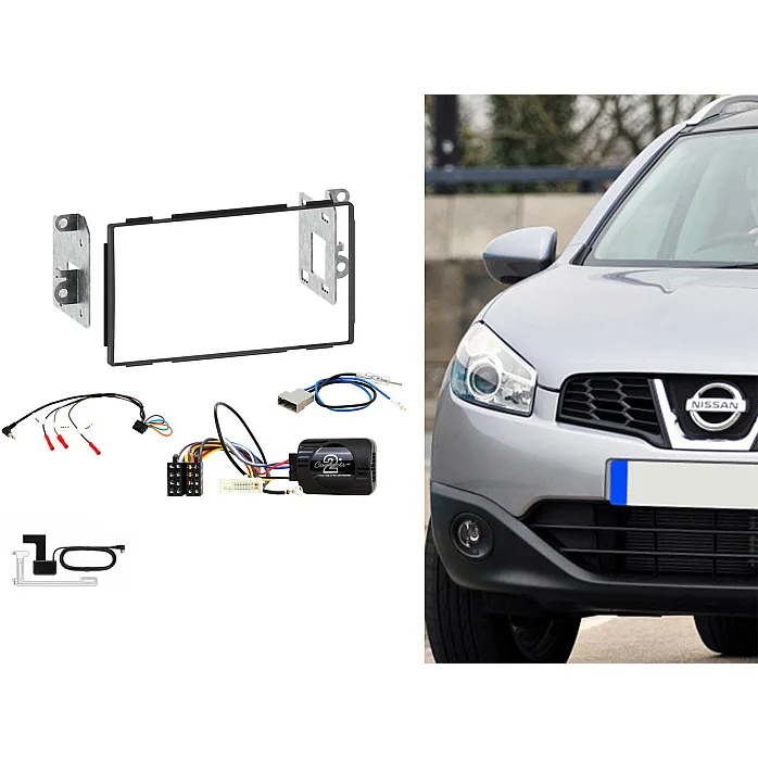 Nissan Qashqai Black Double Din Car Stereo Fitting Kit Fascia, Steering Control with DAB Aerial