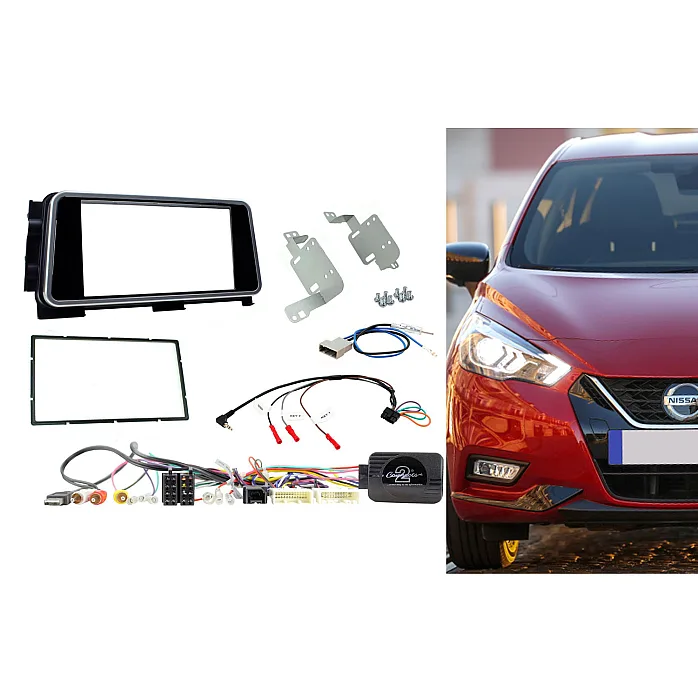 CTKNS12 Nissan Kicks, Micra Double Din Stereo Fascia Fitting Kit Black Gloss with silver trim
