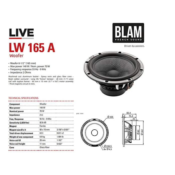 BLAM Live BL-L165-A Acoustic 165mm (6.5") 140W High Fidelity 2 Channel Component Speaker System
