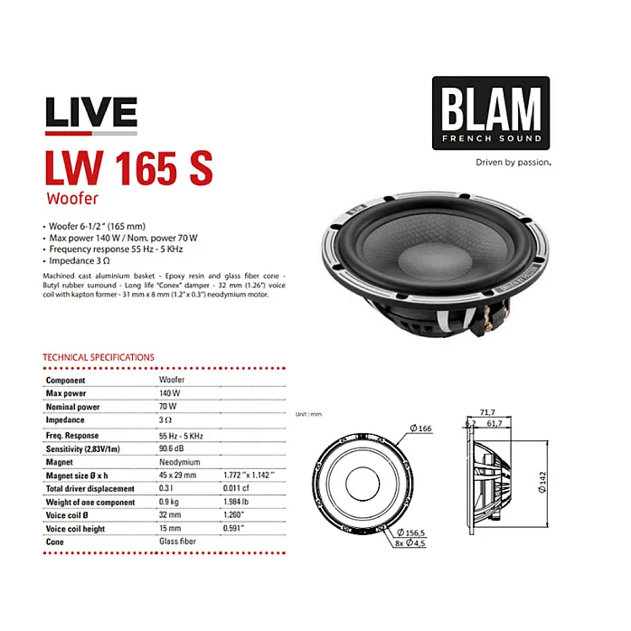 BLAM Live BL-L165-SLIM Solo 165mm (6.5") 140W Ultra Slim 2 Way Component Speakers