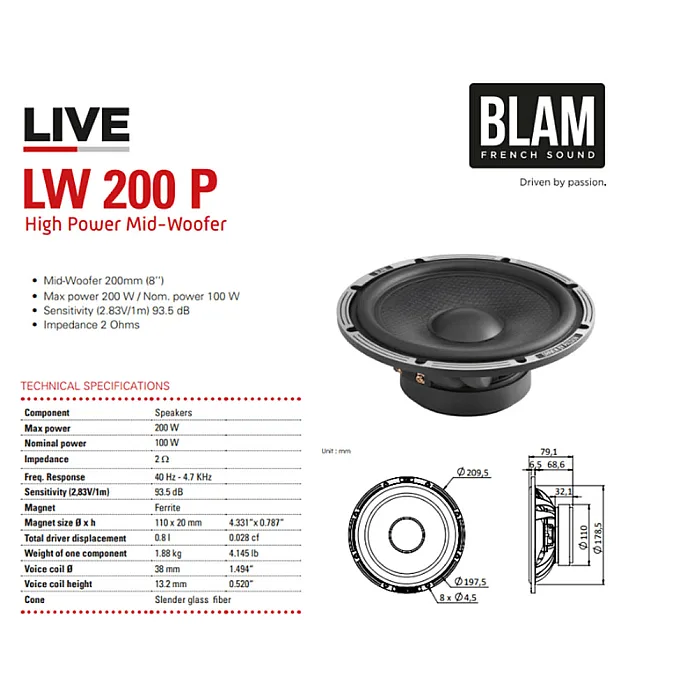 BLAM Live BL-L200-P Power 200mm (8") 200W High Performance 2 Way Component Speaker System