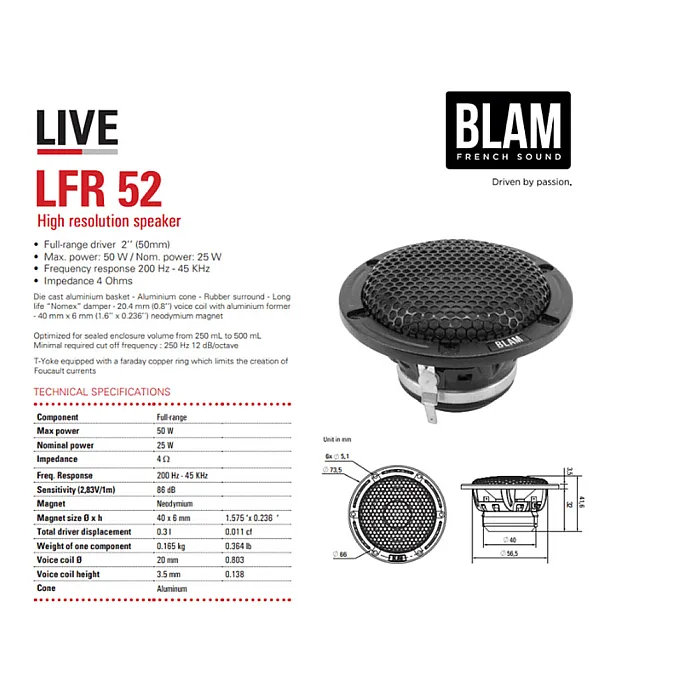 BLAM LIVE BL-LFR52 50mm (2") High Resolution 50W Full Range Speakers (PAIR)