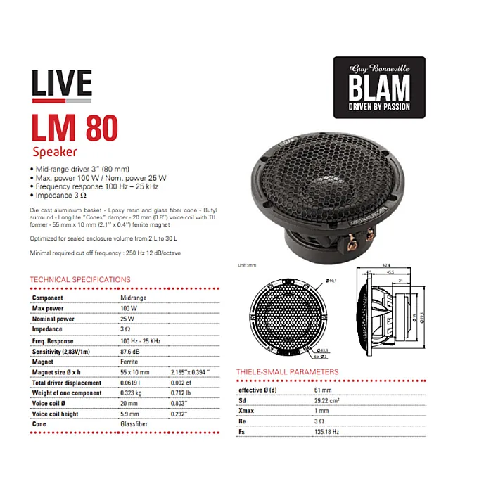 BLAM LIVE BL-LM80  80mm (3") High End 100W Mid Range Speakers (PAIR)