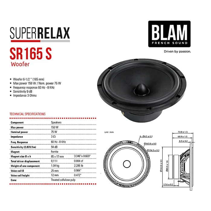 BLAM Super Relax BL-SR165S 165mm (6.5") Hi Sensitivity 3ohm 2-Way Component Car Speakers