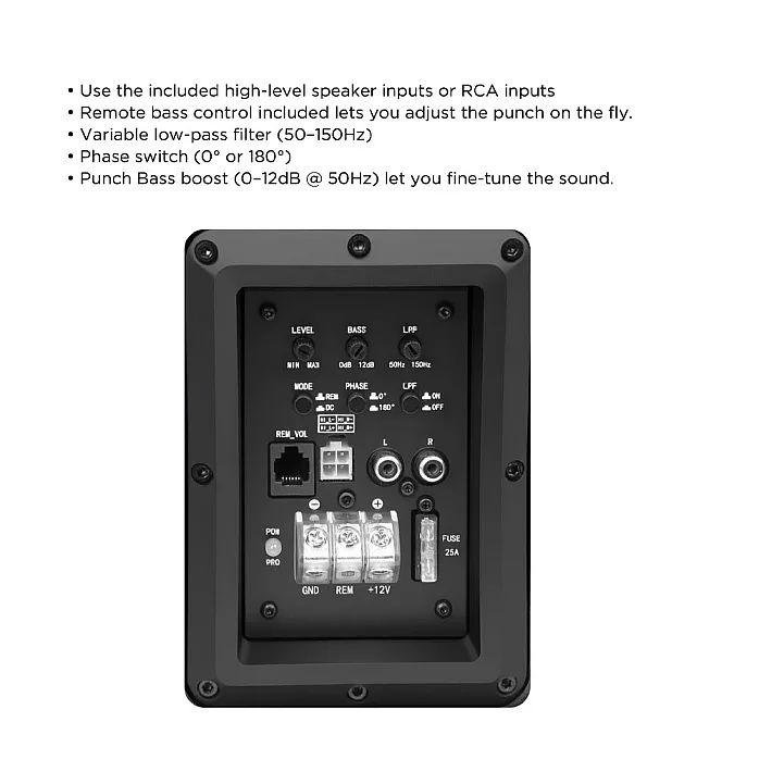 RECOIL LAS12 12" Shallow Active Amplified Subwoofer With Amplifier Wiring Kit