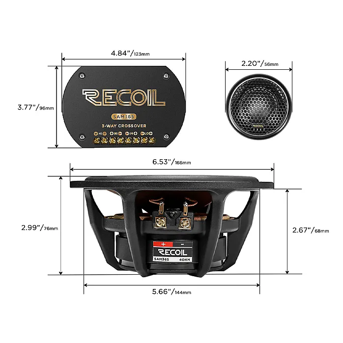 Recoil SAM365 6.5" 3 Way Component Car Speaker System