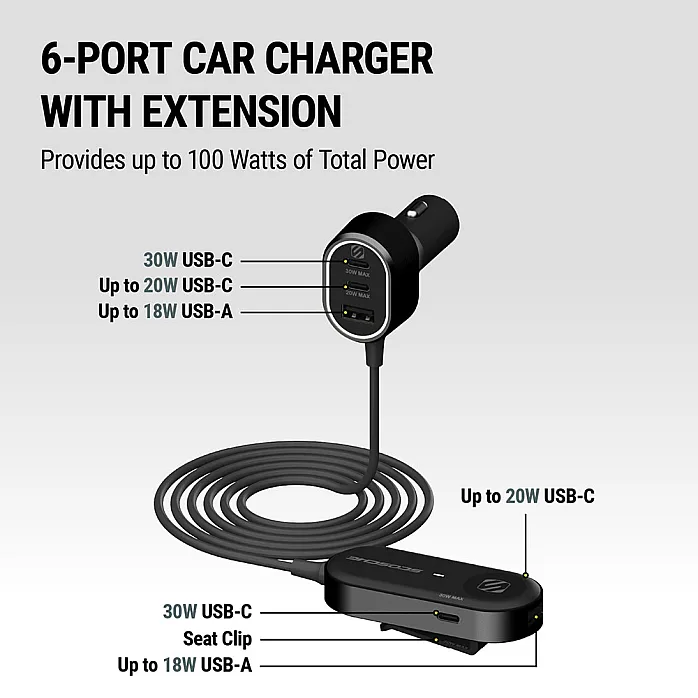 Scosche CPD100EX-SP PowerVolt 100 6 Port 100W USB-C & USB-A Car Charger with Extension