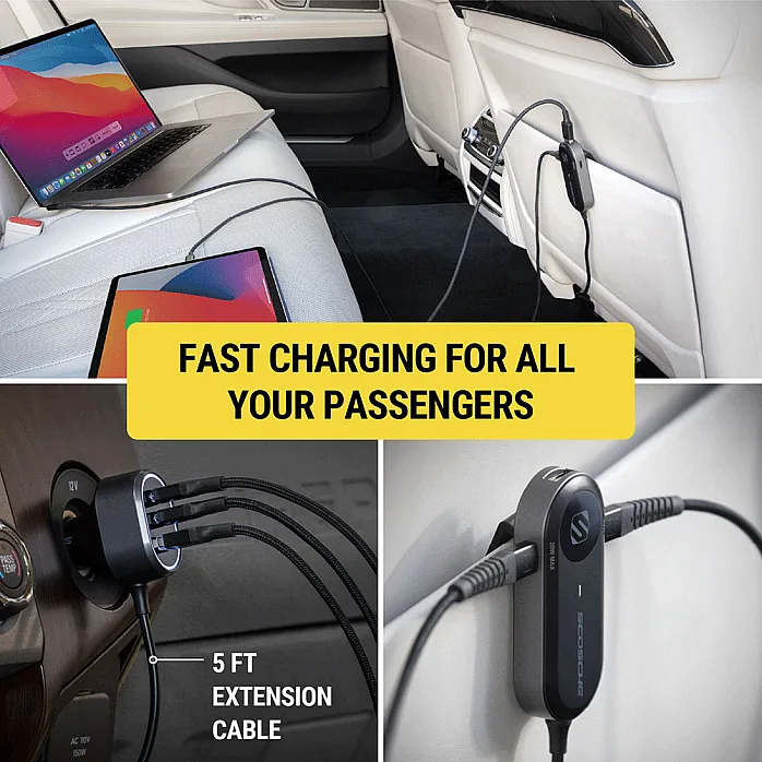 Scosche CPD100EX-SP PowerVolt 100 6 Port 100W USB-C & USB-A Car Charger with Extension