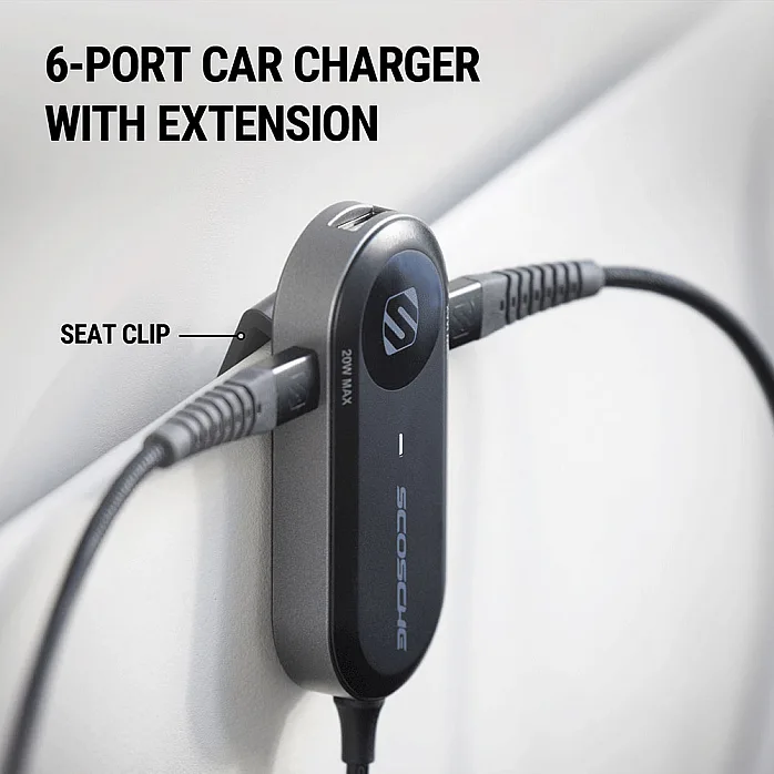 Scosche CPD100EX-SP PowerVolt 100 6 Port 100W USB-C & USB-A Car Charger with Extension