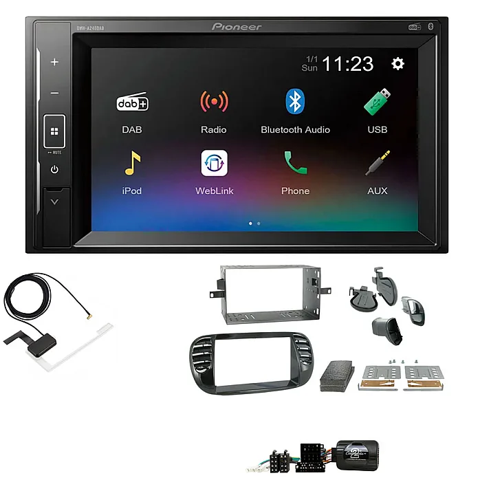 Fiat 500 2007 - 2015 Piano Black Pioneer DAB Digital Radio, 6.2" Screen Bluetooth Stereo Upgrade Kit