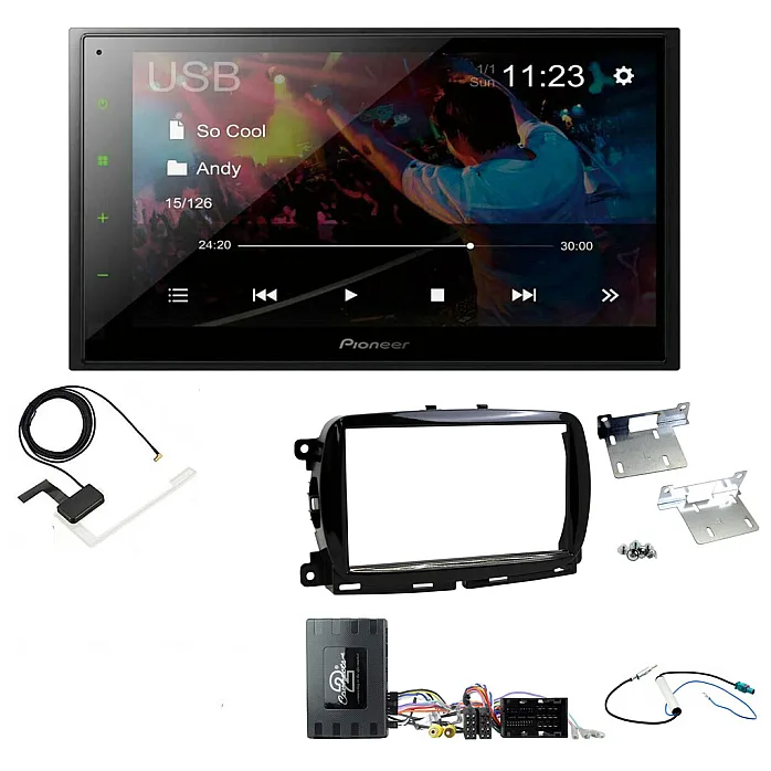 Fiat 500 2015 - 2021 Gloss Black Pioneer 6.8" Screen Bluetooth WebLink USB DAB Radio Upgrade Kit