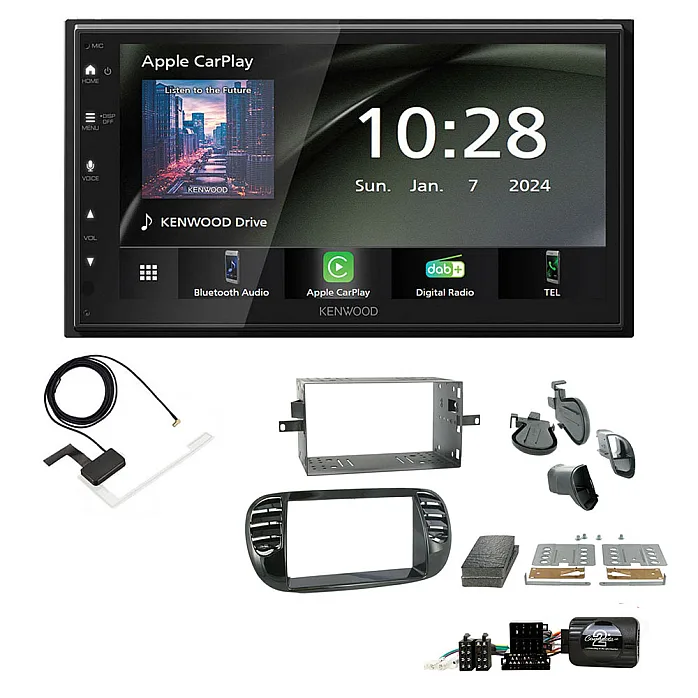 Fiat 500 2007-2015 Kenwood 6.8" Wireless CarPlay / Android Auto, DAB+ Bluetooth Stereo Upgrade Pack