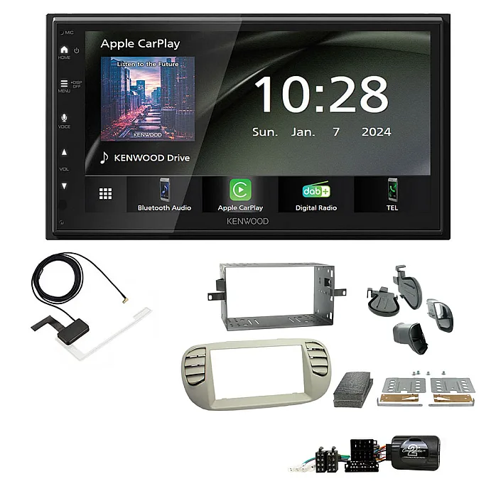 Fiat 500 2007-2015 Ivory Kenwood 6.8" Wireless CarPlay / Android Auto, DAB+ Bluetooth Stereo Upgrade Pack