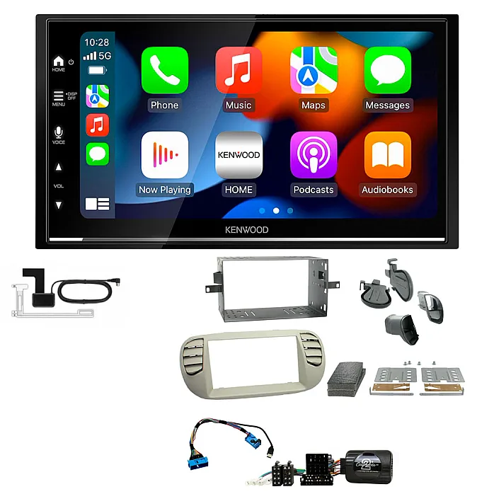 Fiat 500 (2007-15) Ivory Kenwood DMX7525DABS Wireless Apple CarPlay Android Stereo Upgrade Kit