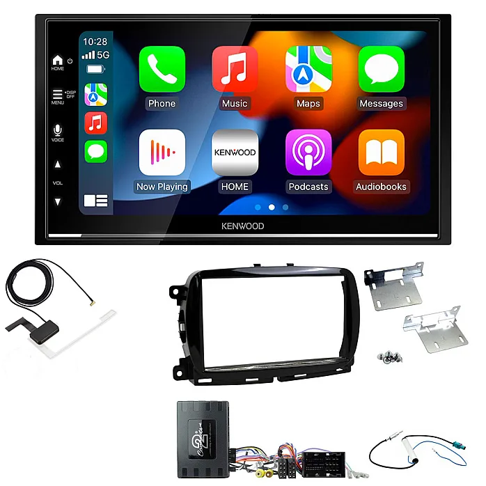 Fiat 500 (2015-2021) Gloss Black Kenwood DMX7525DABS Double Din Car Stereo Upgrade Kit