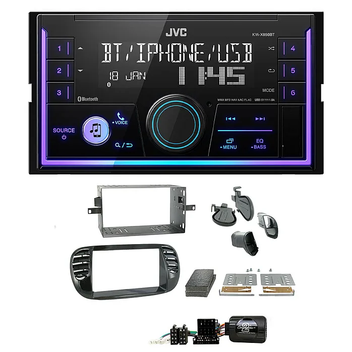 Fiat 500 (2007- 2015) JVC Double Din Mechless USB, Bluetooth, AUX, iPod/iPhone Car Stereo Upgrade Pack
