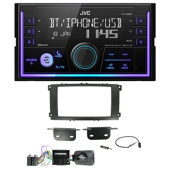 Ford Focus, Mondeo, S-Max  JVC Double Din Mechless USB, Bluetooth, AUX, iPod/iPhone Car Stereo Upgrade Pack