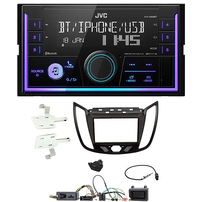 Ford Kuga 2013-2019  JVC Double Din Mechless USB, Bluetooth, AUX, iPod/iPhone Car Stereo Upgrade Pack