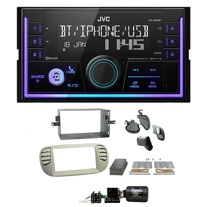 Fiat 500 2007-2015 JVC Double Din Mechless USB, Bluetooth, AUX, iPod/iPhone Stereo Upgrade Pack