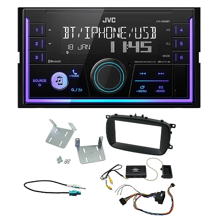 Fiat 500X 2015 - 2021 JVC Double Din Mechless USB, Bluetooth, AUX, iPod/iPhone Car Stereo Upgrade Pack