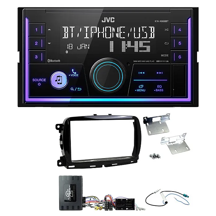 Fiat 500 (2015-2021) JVC Double Din Mechless USB, Bluetooth, AUX, iPod/iPhone Car Stereo Upgrade Pack