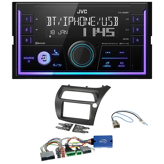 Honda Civic (2006-2011) JVC Double Din Mechless USB, Bluetooth, AUX, iPod/iPhone Car Stereo Upgrade Pack