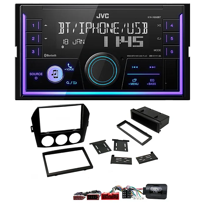 Mazda Miata, MX-5 (2006-2008) JVC Double Din Mechless USB, Bluetooth, AUX, iPod/iPhone Car Stereo Upgrade Pack