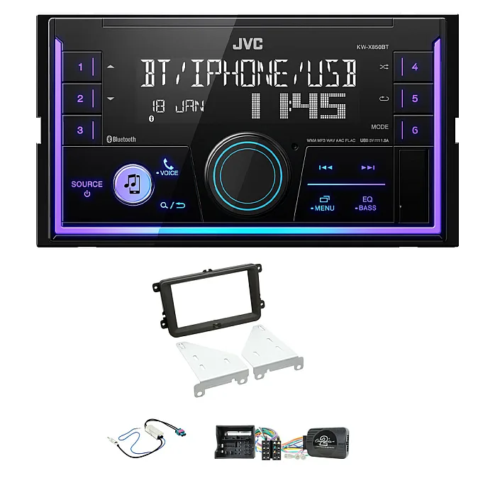 JVC Double Din Mechless USB, Bluetooth, AUX, iPod/iPhone Car Stereo Upgrade Pack For Volkswagen