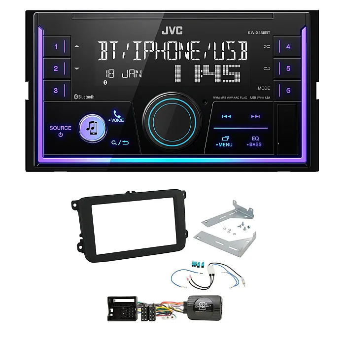 JVC Double Din Mechless USB, Bluetooth, AUX, iPod/iPhone Car Stereo Upgrade Pack For VW