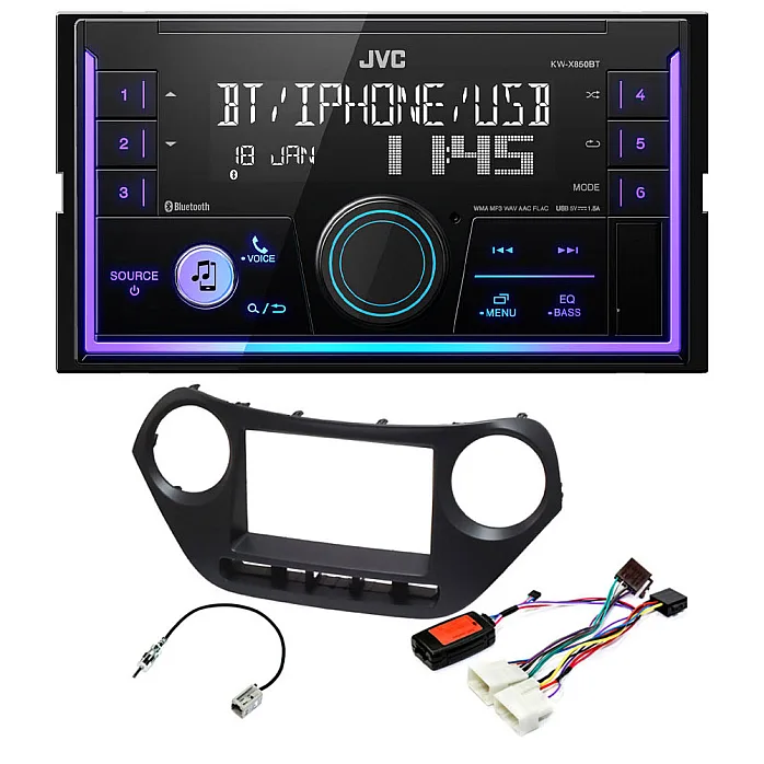 Hyundai I10 (2013 - 2019) JVC Double Din Mechless USB, Bluetooth, AUX, iPod/iPhone Car Stereo Upgrade Pack