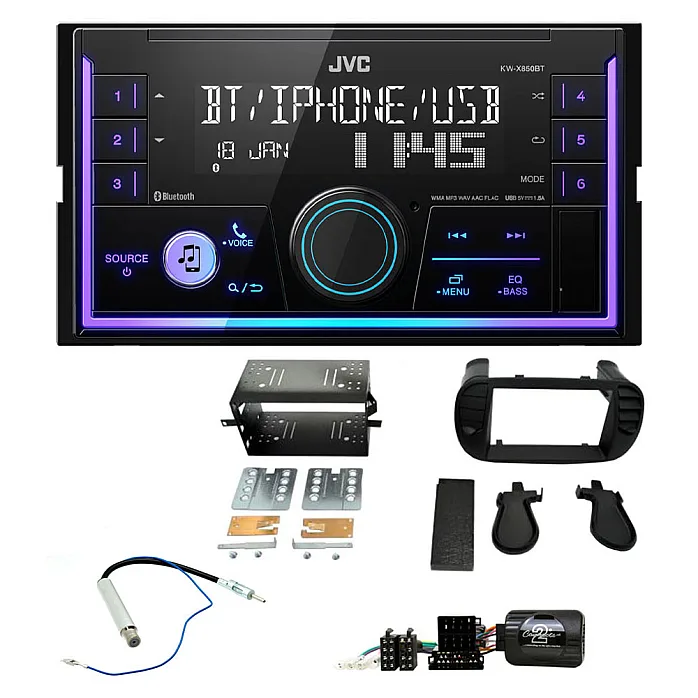 Fiat 500 2007- 2015 JVC Double Din Mechless USB, Bluetooth, AUX, iPod/iPhone Car Stereo Upgrade Pack