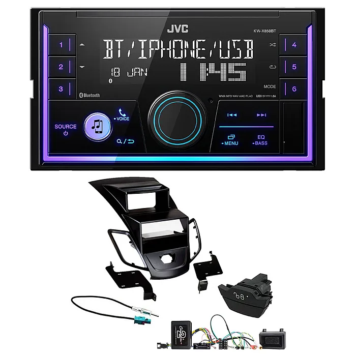 Ford Fiesta 2013 - 2017 JVC Double Din Mechless USB, Bluetooth, AUX, iPod/iPhone Car Stereo Upgrade Pack