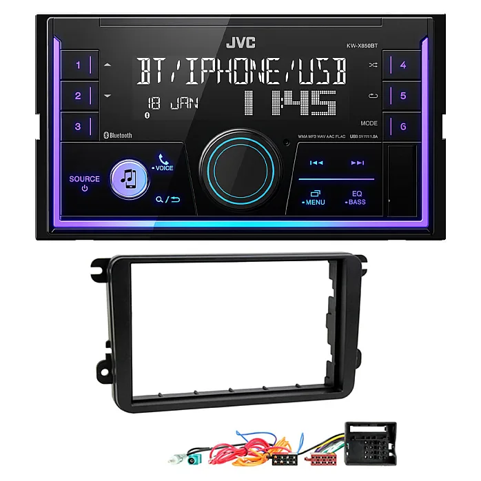 JVC Double Din Mechless USB, Bluetooth, AUX, iPod/iPhone Car Stereo Upgrade Pack For VW