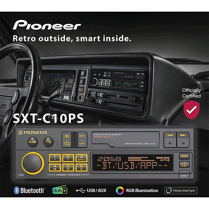 Pioneer SXT-C10PS Single Din Retro Tape Deck Sytle Bluetooth, DAB+, USB, Aux, Car Stereo