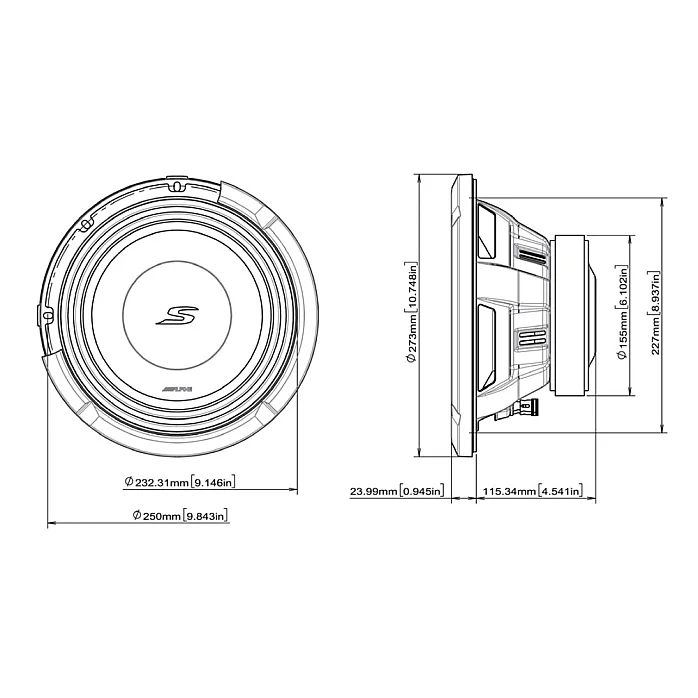 Alpine S2-W10D2 S-Series 10" (25cm) Subwoofer with Dual 2-Ohm Voice Coils