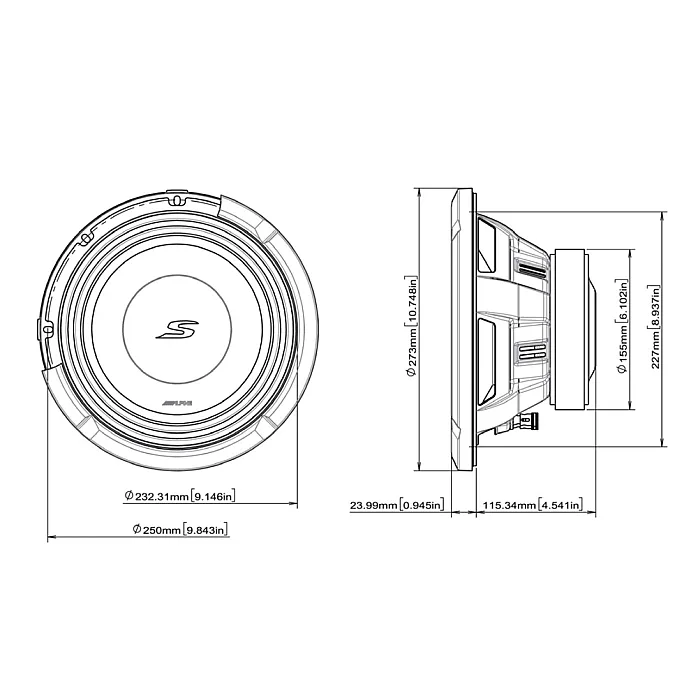 Alpine S2-W10D4 S-Series 10" (25cm) Subwoofer with Dual 4-Ohm Voice Coils