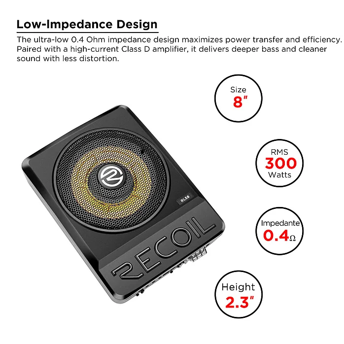 Recoil RLS8 8” Ultra Thin Class D Mono Under Seat Subwoofer with Built-in Amplifier Bass Remote Control