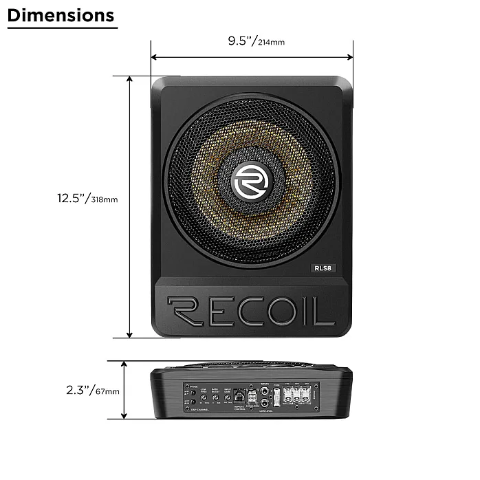 Recoil RLS8 8” Ultra Thin Class D Mono Under Seat Subwoofer with Built-in Amplifier Bass Remote Control