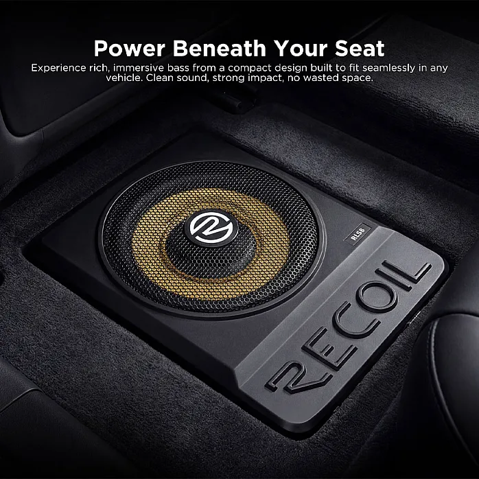 Recoil RLS8 8” Ultra Thin Class D Mono Under Seat Subwoofer with Built-in Amplifier Bass Remote Control