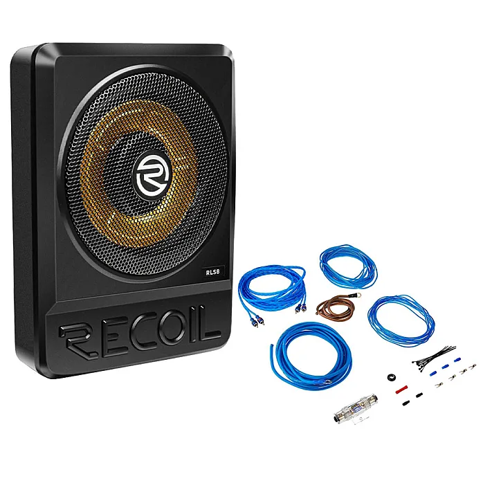 Recoil RLS8 8” Ultra Thin Under Seat Subwoofer Built-in Amplifier Bass Remote Control With Wiring Kit