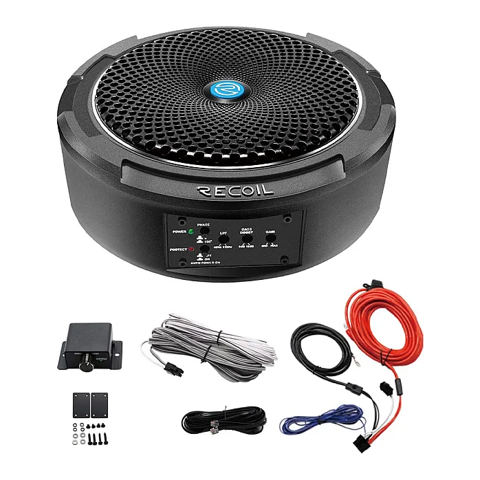 RECOIL SL1708 8" UnderSeat Slim Amplified Car Subwoofer With Installation Wiring Kit