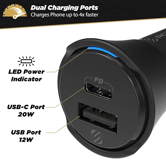 Scosche CPDCA32 PowerVolt 20W USB Type-C and 12W USB Type-A 3.0 Fast Car Charger