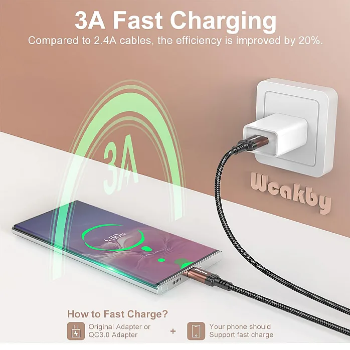 Wcakby WC0029 50CM, 3A Fast Charging Nylon Braided USB-A to USB-C Charger Cable For Smartphone