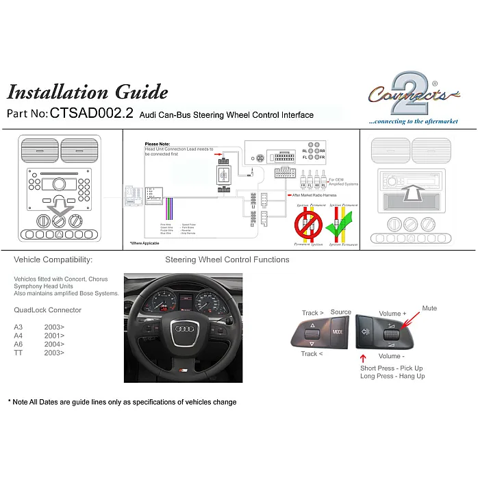 Audi A3, A4, A6, TT Steering Stalk Control Adaptor Phone Button Support - CTSAD002.2
