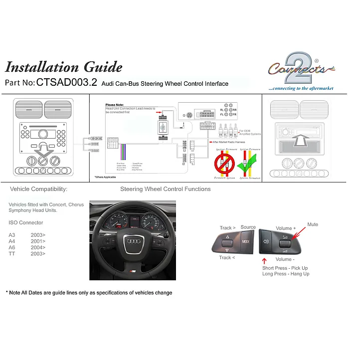 Audi A3, A4, TT, Steering Stalk Control Adaptor Phone Button Support - CTSAD003.2